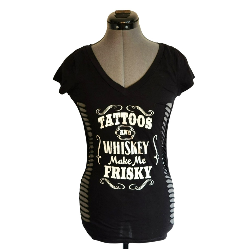 Spencer's Tattoos and Whiskey Make‎ Me Frisky Shredded Side V-Neck T-Shirt Black